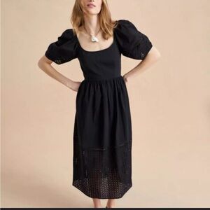 La Ligne Cotton Square Neck Smocked Midi Dress Puff Sleeves‎ Lulu Size M Black